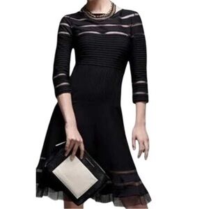 Tadashi Shoji Women Black Fit & Flare Illusion Mesh Pleated Cocktail Dress M